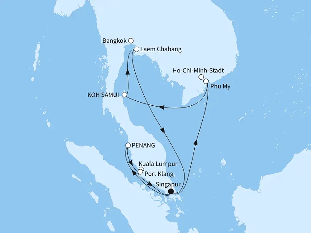Mein Schiff 6 Angebot der Woche Faszination Südostasien - ab/bis Singapur (inkl. Flug) - Routenbild